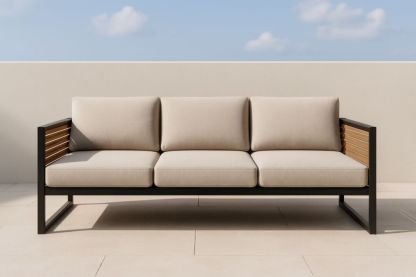 Divano da Esterno in Metallo con Cuscini in Tessuto Beige 3 Posti