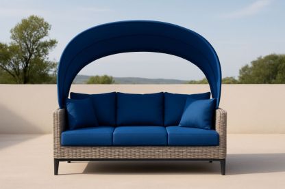 Divano da Esterno in Rattan con Baldacchino in Tessuto Blu