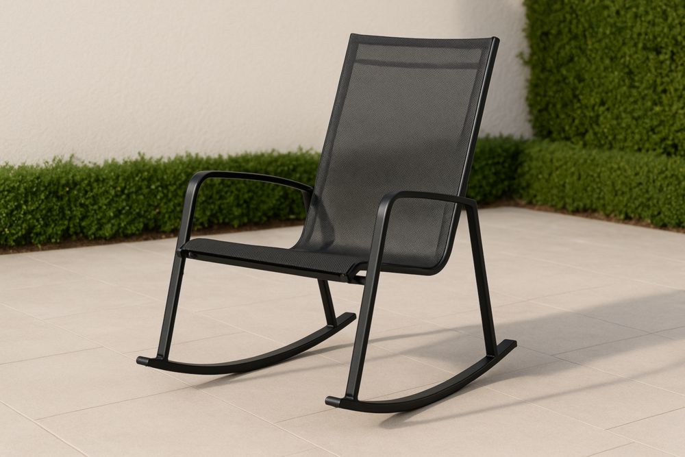 Sedia a dondolo da esterno in metallo nero con rete in textilene