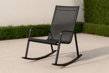 Sedia a dondolo da esterno in metallo nero con rete in textilene