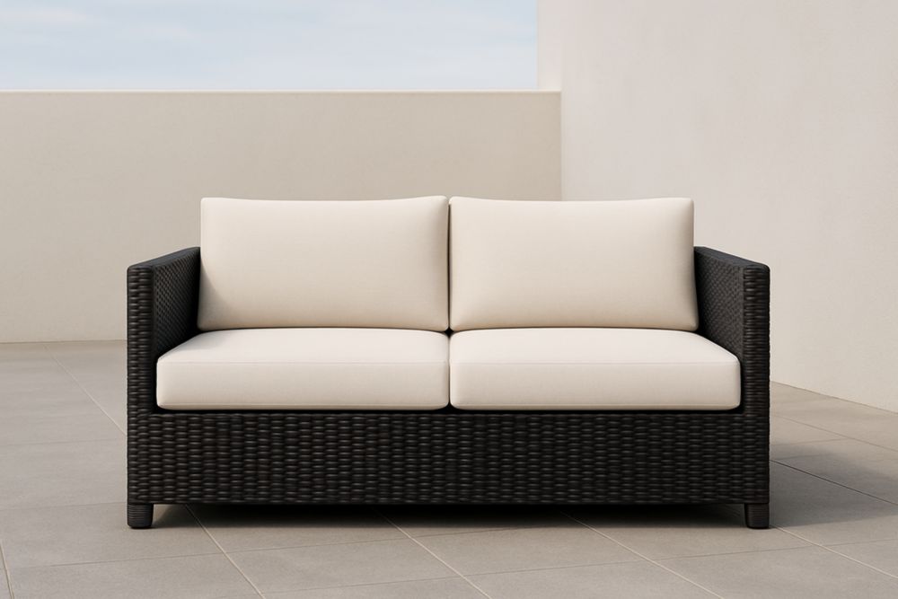 Divano Due Posti in Rattan con Cuscini Sfoderabili Crema