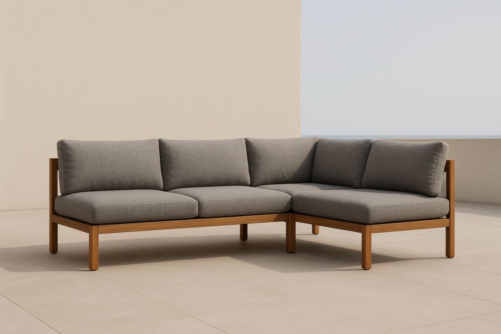 Divano Angolare da Esterno in Legno di Teak e Tessuto Grigio