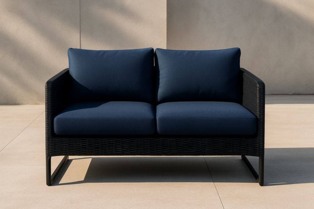 Divanetto da Giardino in Rattan Sintetico con Cuscini in Tessuto Blu