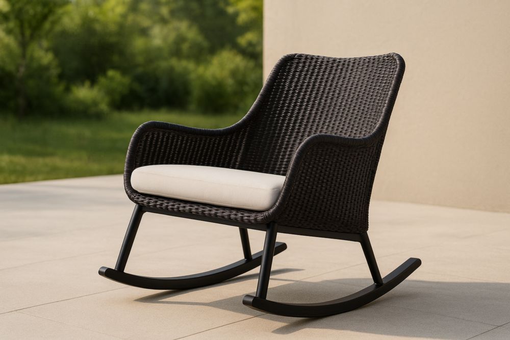 Sedia a Dondolo Nera in Polyrattan con Cuscino Imbottito