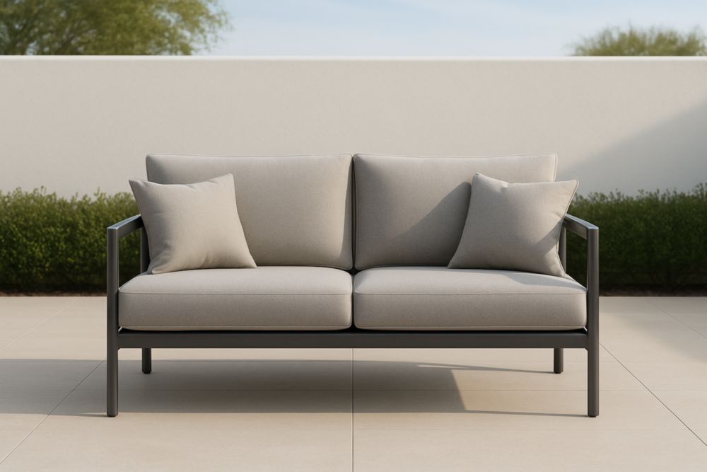Divano da esterno in alluminio con cuscini in tessuto grigio