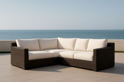 Divano angolare da esterno in rattan con cuscini in poliestere marrone e bianco