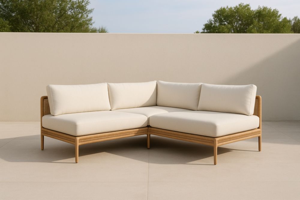 Divano Angolare in Legno Teak e Tessuto Beige