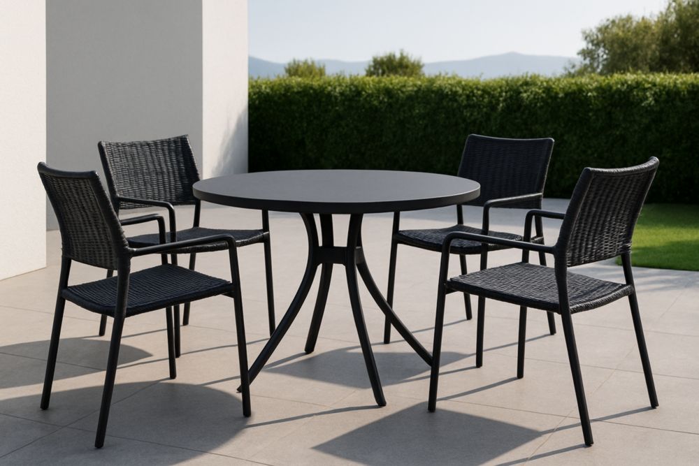 Set tavolo e sedie da esterno in metallo e rattan sintetico nero