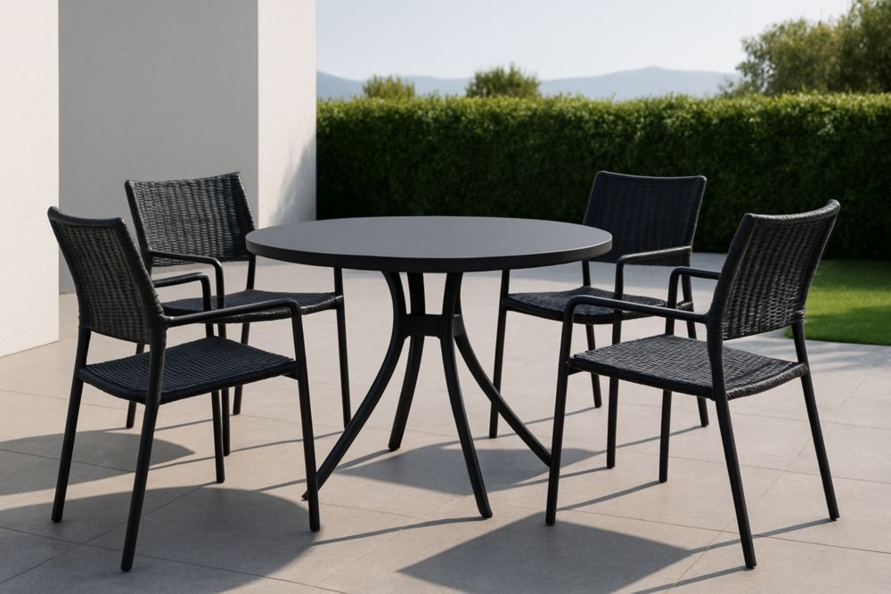 Set tavolo e sedie da esterno in metallo e rattan sintetico nero