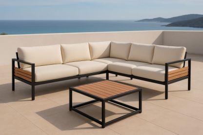 Set Divano Angolare da Esterno in Alluminio con Cuscini Beige e Tavolino in Legno