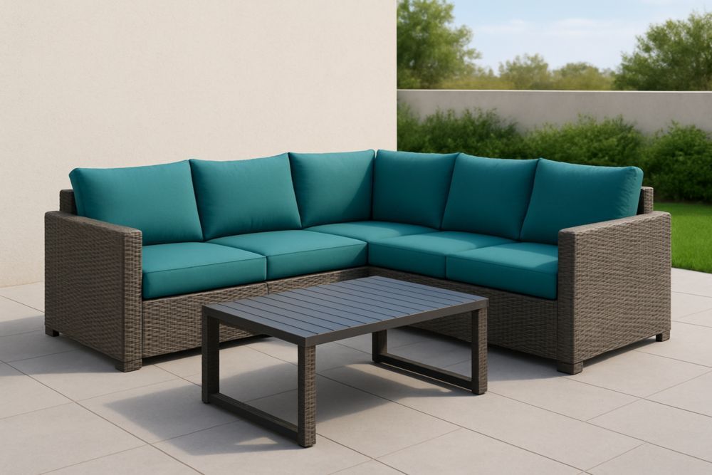 Divano angolare da esterno in rattan sintetico con cuscini Turchese