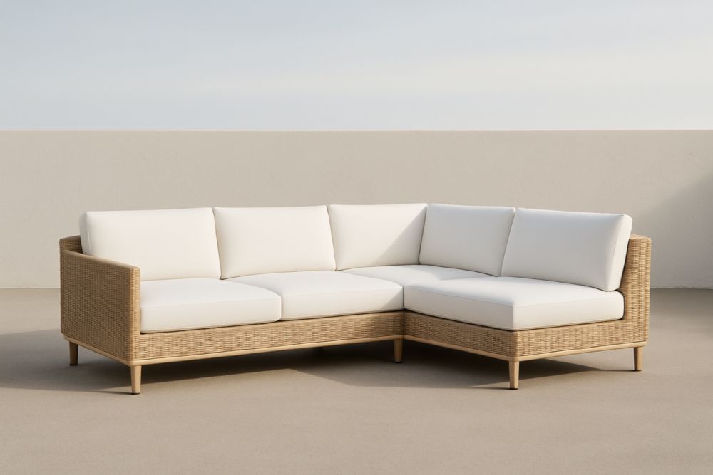 Divano angolare in rattan sintetico con cuscini bianchi