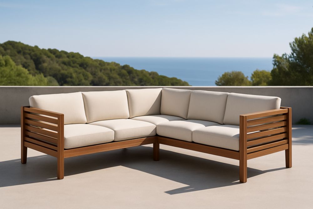 Divano angolare da esterno in legno massello con cuscini beige