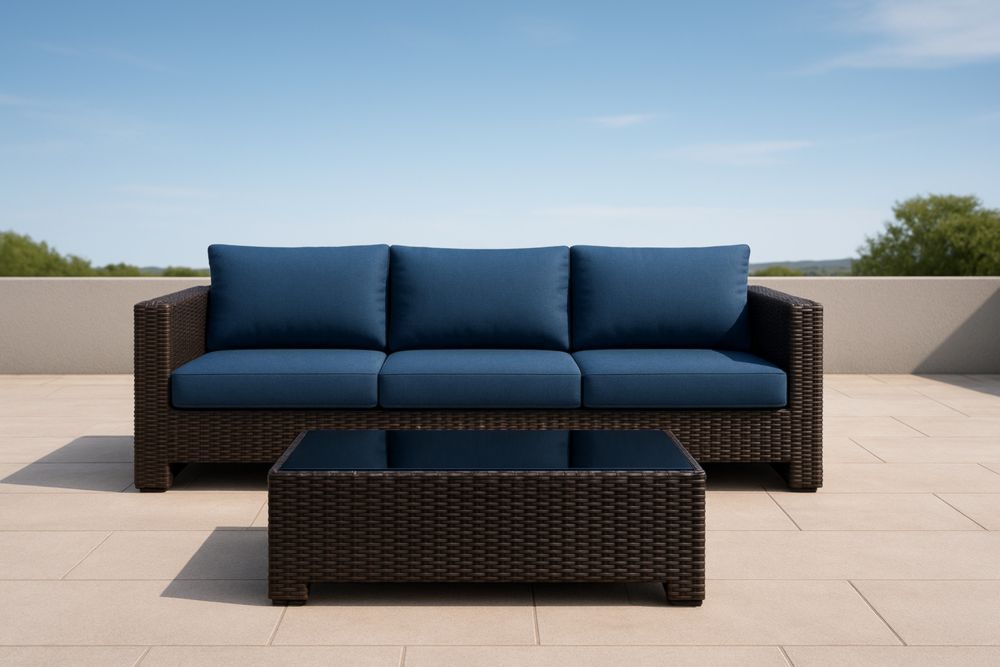 Set Divano da Esterno in Rattan con Tavolino in Vetro Temperato e Cuscini Blu