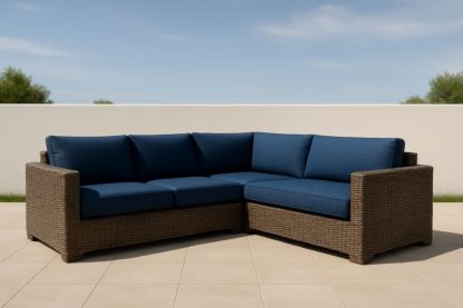 Divano angolare per esterni in rattan sintetico con cuscini blu