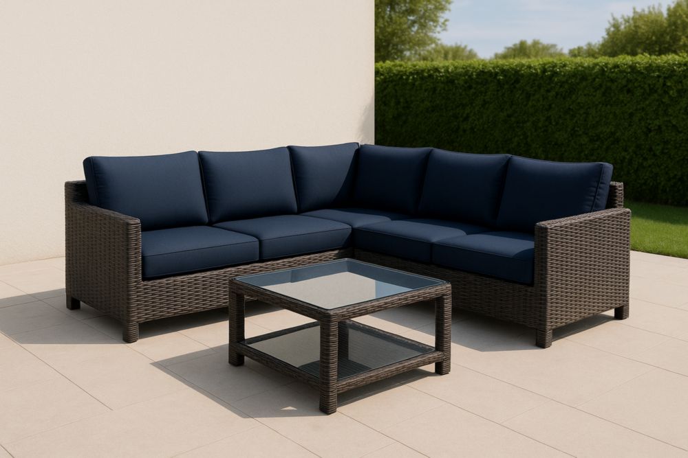 Divano Angolare in Rattan con Cuscini Blu e Tavolo in Vetro