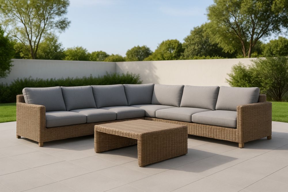 Set Divano Angolare in Rattan Sintetico con Cuscini in Poliestere Grigio