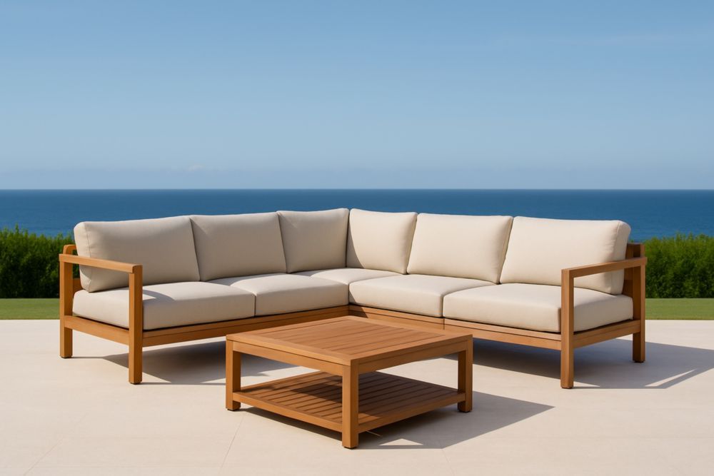 Set Divano Angolare da Esterno in Legno Teak con Cuscini Beige e Tavolino