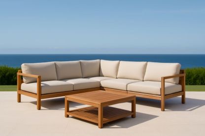 Set Divano Angolare da Esterno in Legno Teak con Cuscini Beige e Tavolino