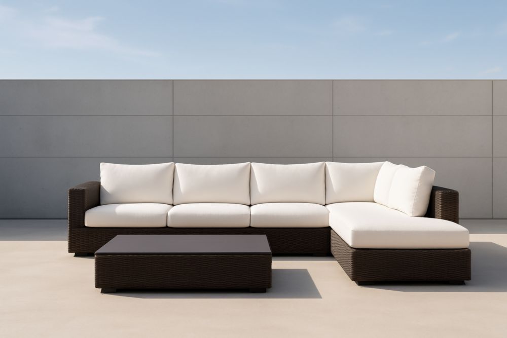 Set Divano da Giardino in Rattan con Cuscini in Acrilico Bianco e Tavolino