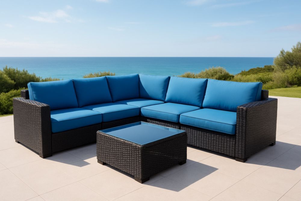 Divano angolare in rattan nero con cuscini blu e tavolino in vetro temperato
