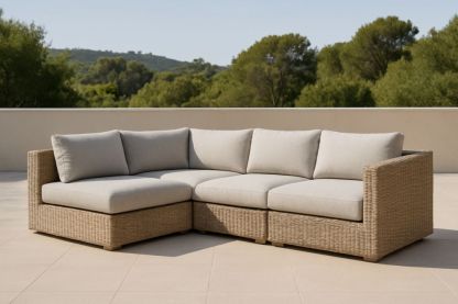 Divano angolare modulare in rattan sintetico con cuscini grigi