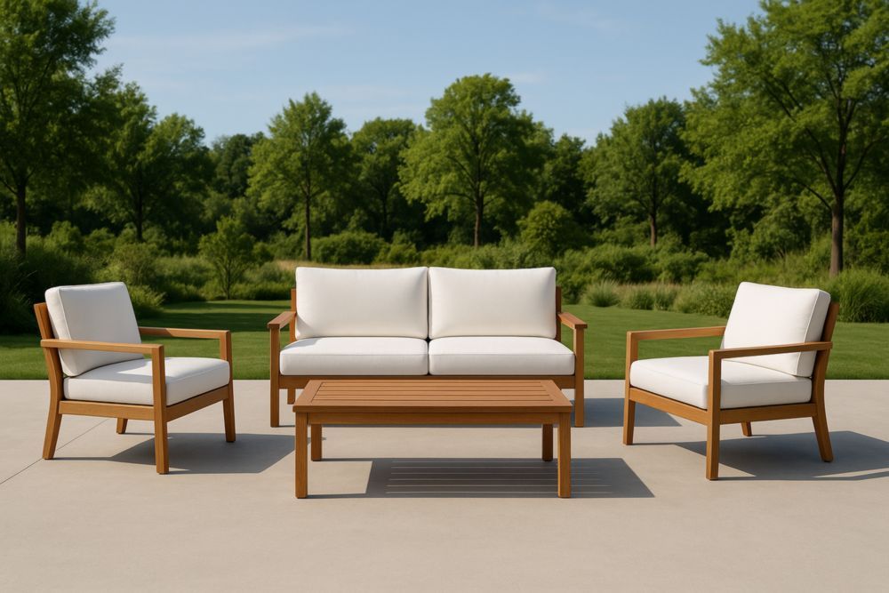 Set mobili da giardino in teak con divano due posti, poltrone e tavolino