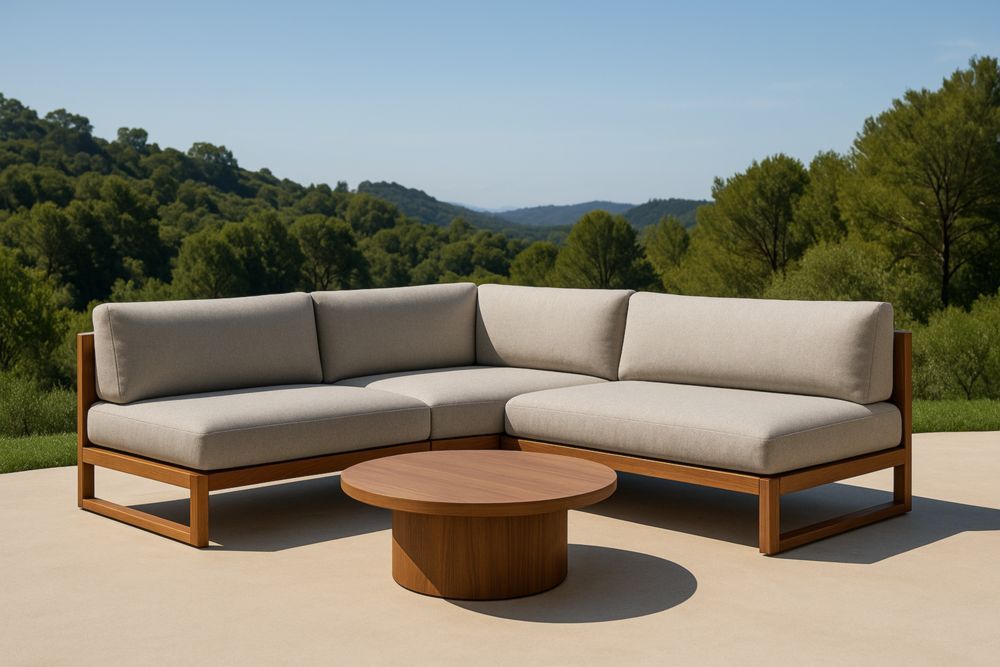 Set Divano Angolare da Esterni in Legno Massello con Tavolo Rotondo e Cuscini in Poliestere Beige