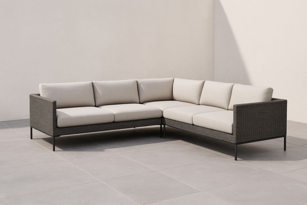 Divano Angolare in Resina Intrecciata con Telaio in Alluminio Grigio