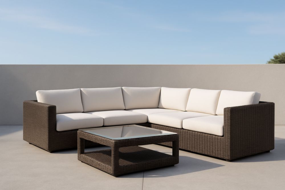 Set Divano Angolare da Esterno in Rattan con Tavolino in Vetro Temperato 5 Posti