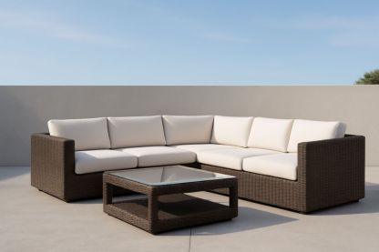 Set Divano Angolare da Esterno in Rattan con Tavolino in Vetro Temperato 5 Posti