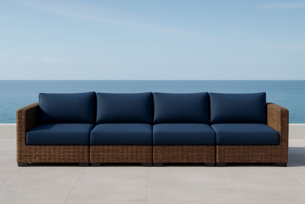 Divano modulare da esterno in rattan con cuscini blu
