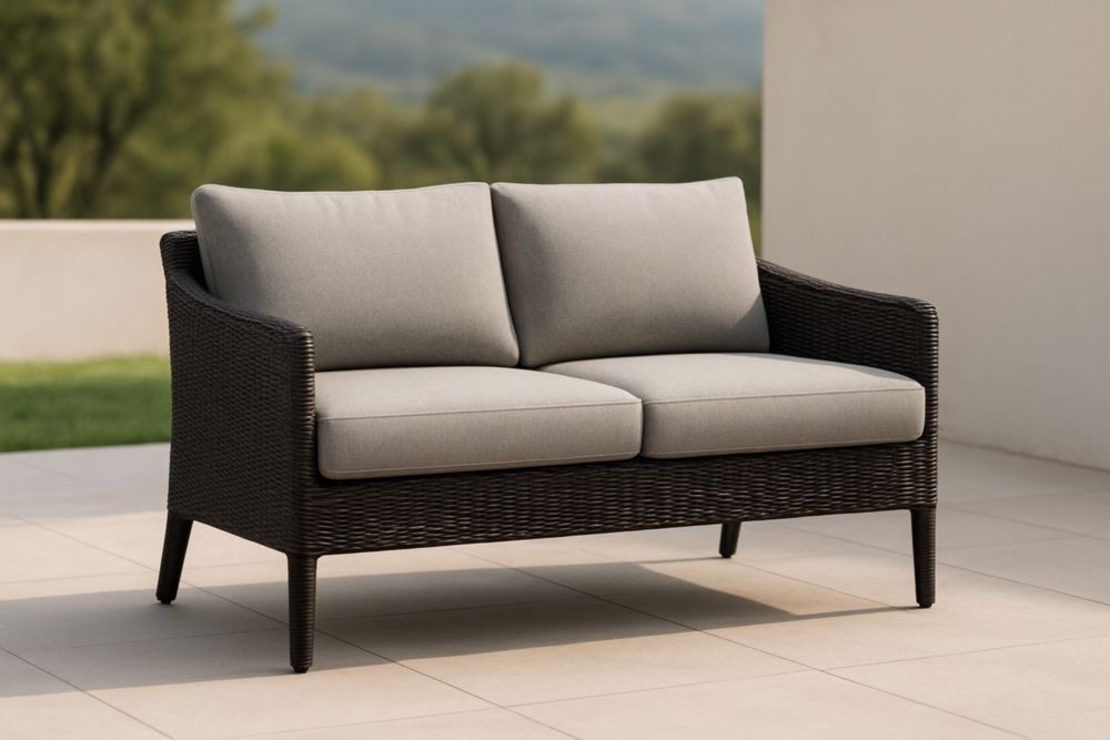 Divano da Esterno in Rattan 2 Posti Nero con Cuscini Grigi