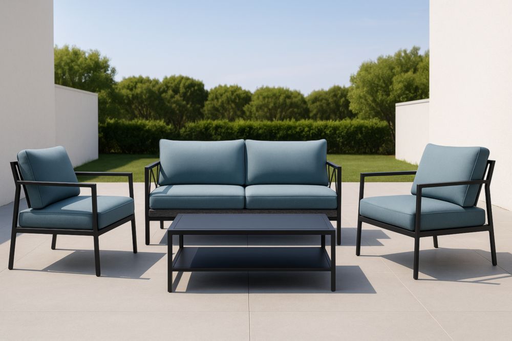 Set da Giardino in Alluminio con Cuscini in Poliestere Blu