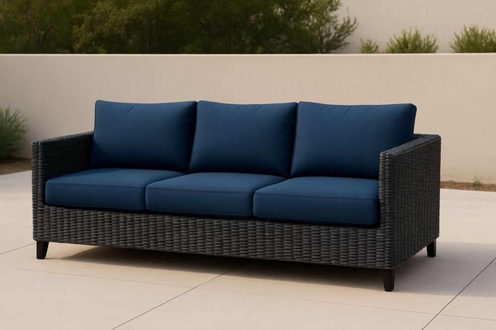 Divano da esterno in rattan 3 posti, cuscini blu