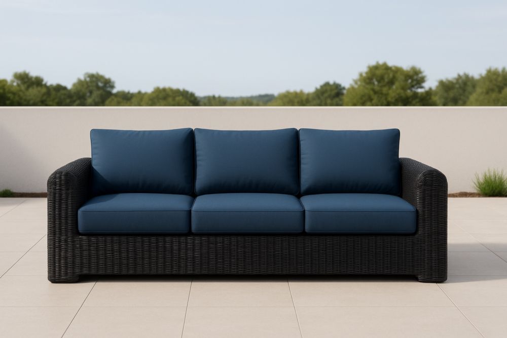 Divano Tre Posti in Rattan Sintetico con Cuscini Blu