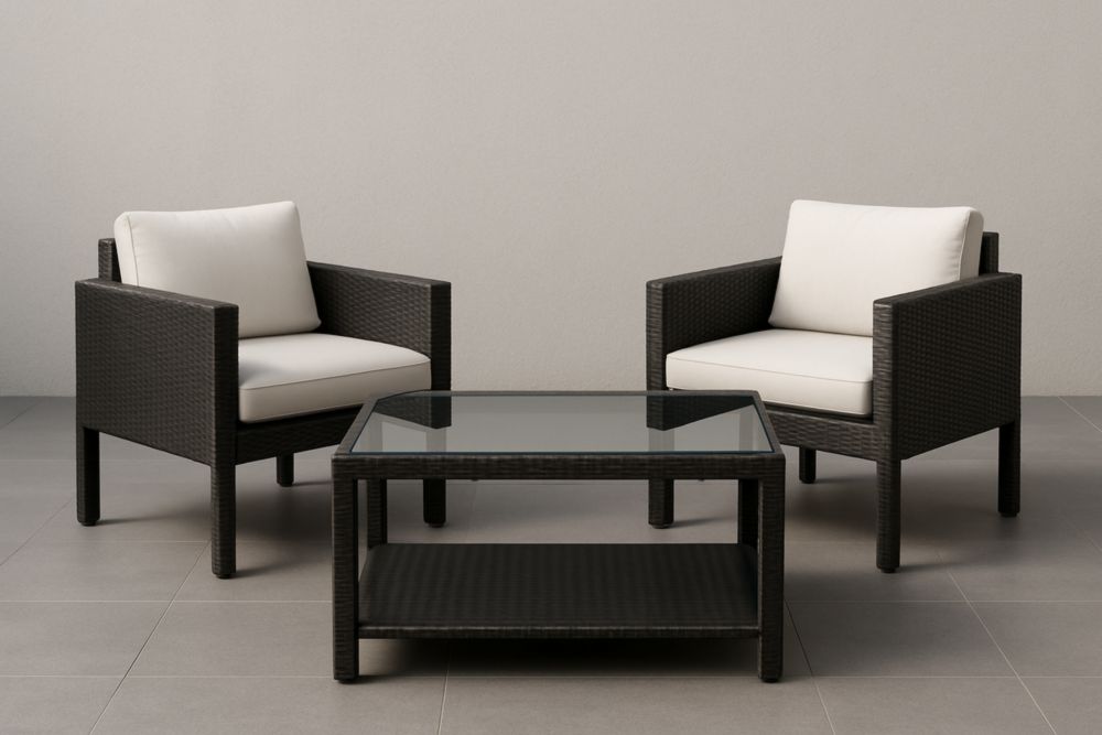 Set salotto da giardino in rattan e vetro con due poltrone e tavolino, cuscini bianchi