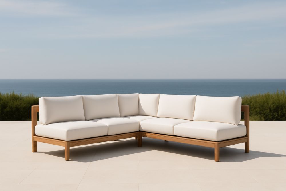 Divano angolare da esterno in teak e tessuto bianco 250x250x75 cm