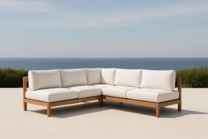 Divano angolare da esterno in teak e tessuto bianco 250x250x75 cm