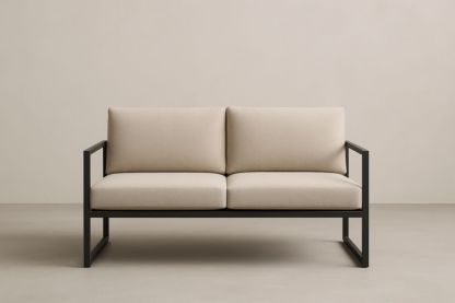 Divano a due posti struttura in metallo con cuscini in tessuto