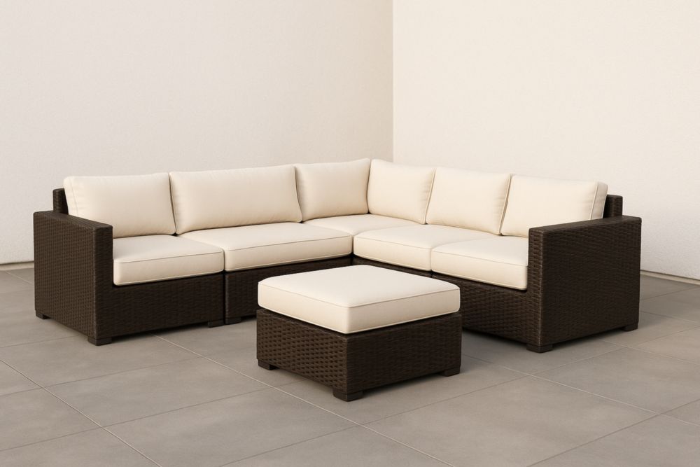 Set Divano Angolare da Giardino in Rattan con Cuscini Crema