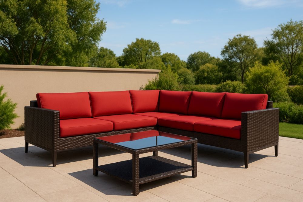 Divano Angolare da Esterno in Rattan con Cuscini Rossi