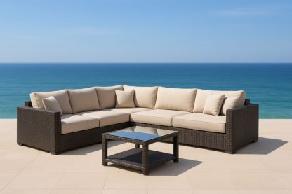 Set divano modulare da esterno in rattan e vetro, Cuscini beige