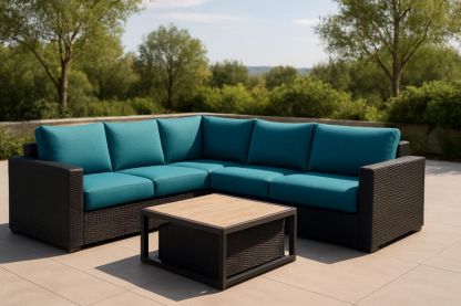 Divano Angolare da Esterno in Rattan Sintetico con Tavolino e Cuscini Turchesi