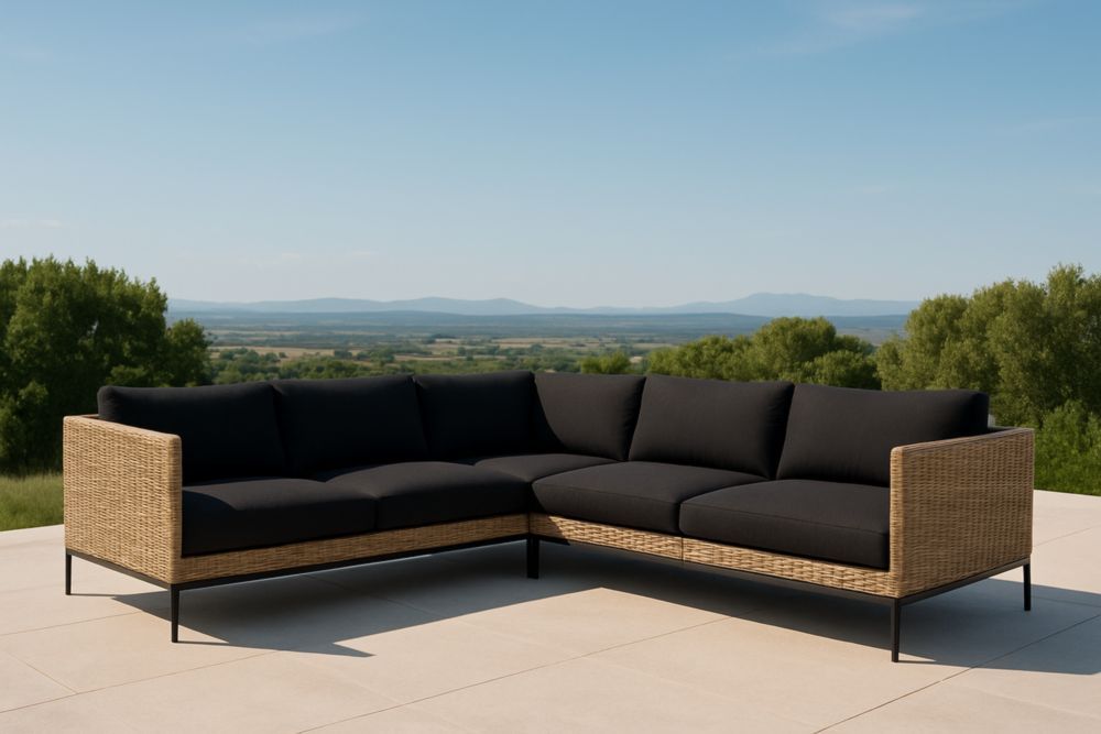 Divano angolare da esterno in rattan e cuscini colore Nero