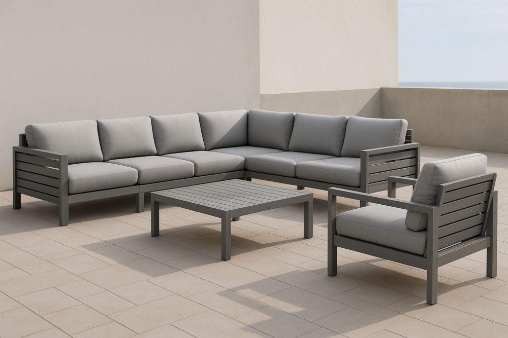 Set da salotto da esterno in metallo e tessuto grigio