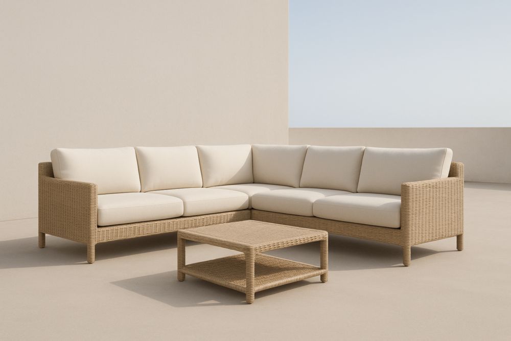 Set divano angolare da esterno in rattan con cuscini rimovibili, colore Beige
