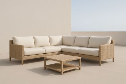 Set divano angolare da esterno in rattan con cuscini rimovibili, colore Beige