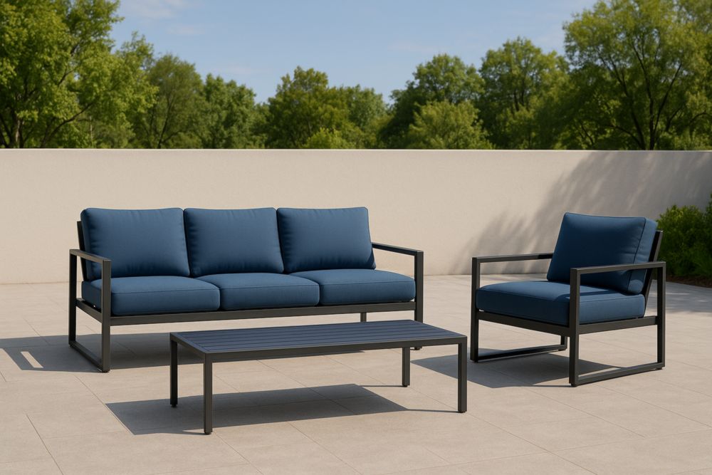 Set salotto da esterno in metallo e tessuto blu con poltrona e tavolino