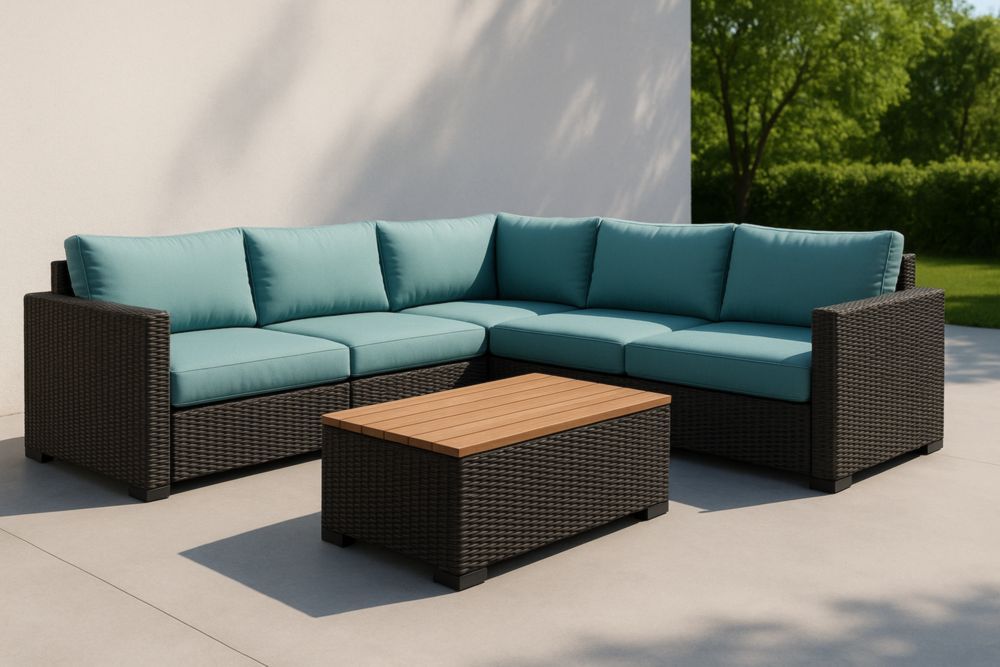 Set salotto angolare da esterno in rattan con cuscini turchesi